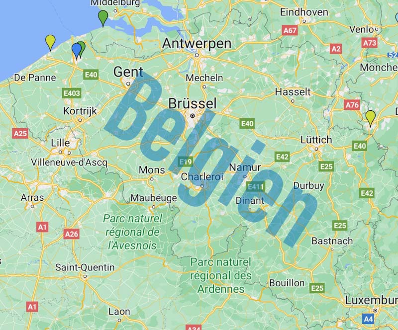 Belgien Karte mit besuchten Stell- und Campingplätzen