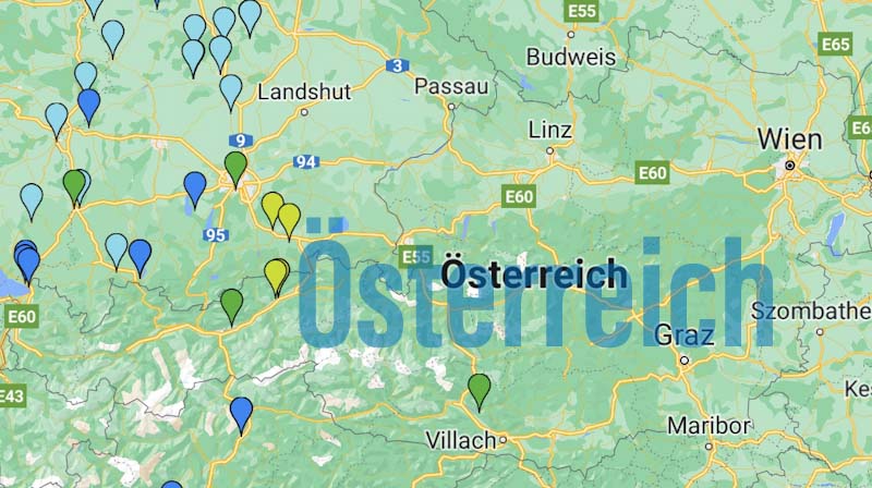 Österreich Karte mit besuchten Stell- und Campingplätzen