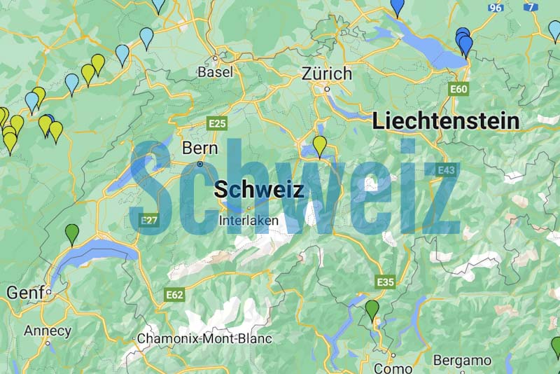 Schweiz Karte mit besuchten Stell- und Campingplätzen