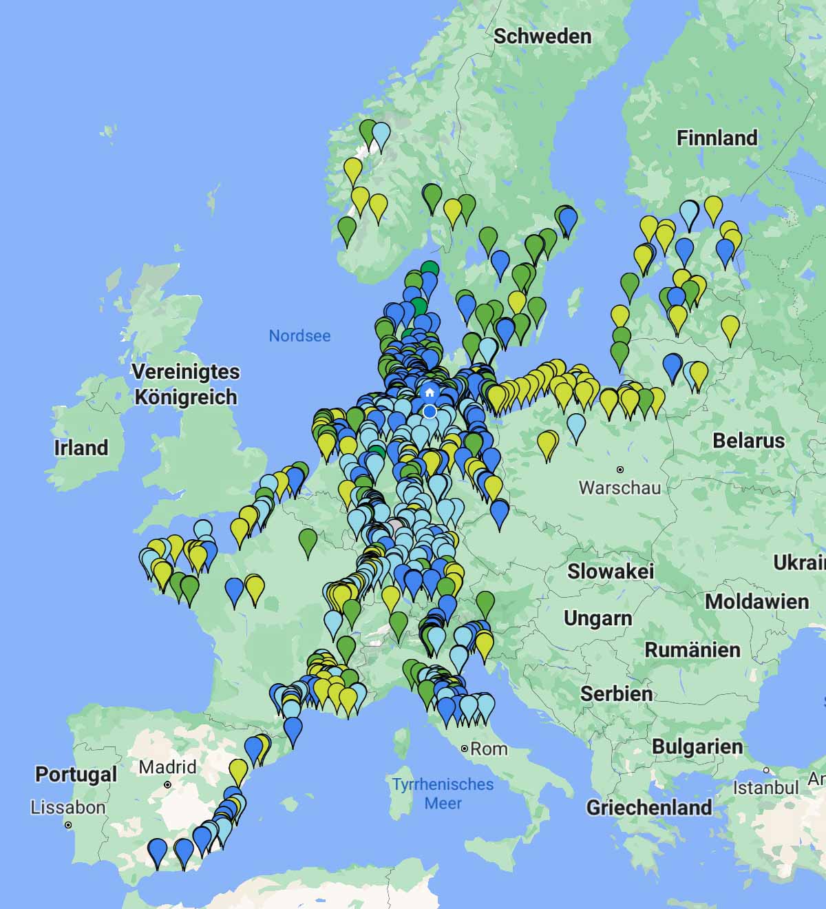 Karte mit besuchten Stell- und Campingplätzen